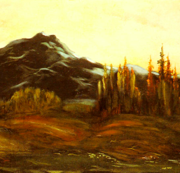 Painting in brown tones of a prairie with mountains in the distance