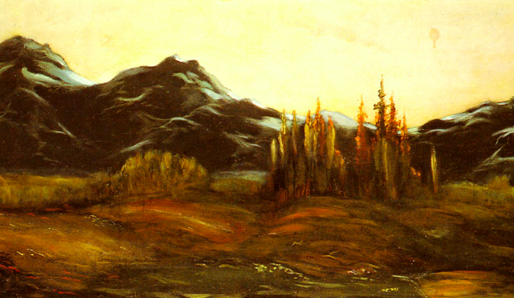 Painting in brown tones of a prairie with mountains in the distance