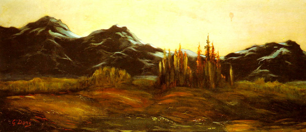 Painting in brown tones of a prairie with mountains in the distance