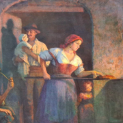 painting of a woman baking a pizza, an old man sits behind her and a younger man holds a baby