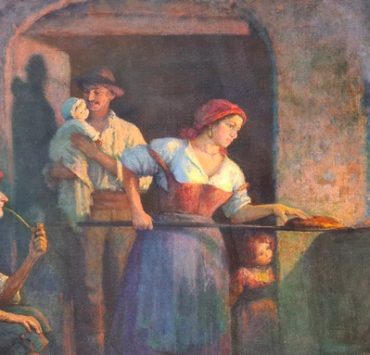 painting of a woman baking a pizza, an old man sits behind her and a younger man holds a baby