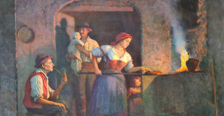 painting of a woman baking a pizza, an old man sits behind her and a younger man holds a baby