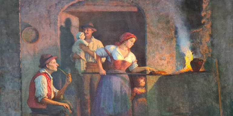 painting of a woman baking a pizza, an old man sits behind her and a younger man holds a baby