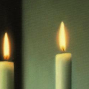 Realistic oil painting of two candles against a black and grey background