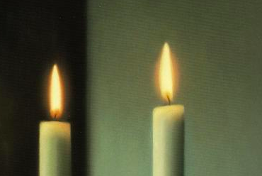 Realistic oil painting of two candles against a black and grey background
