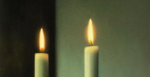 Realistic oil painting of two candles against a black and grey background