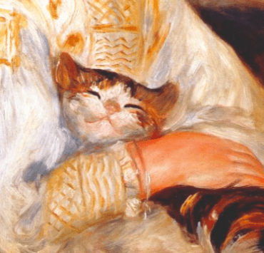 Painting of a young girl holding a cat in her arms, the cat looks extremely content