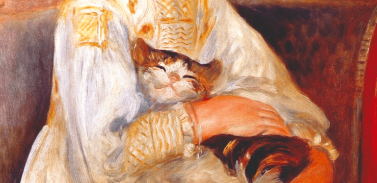 Painting of a young girl holding a cat in her arms, the cat looks extremely content