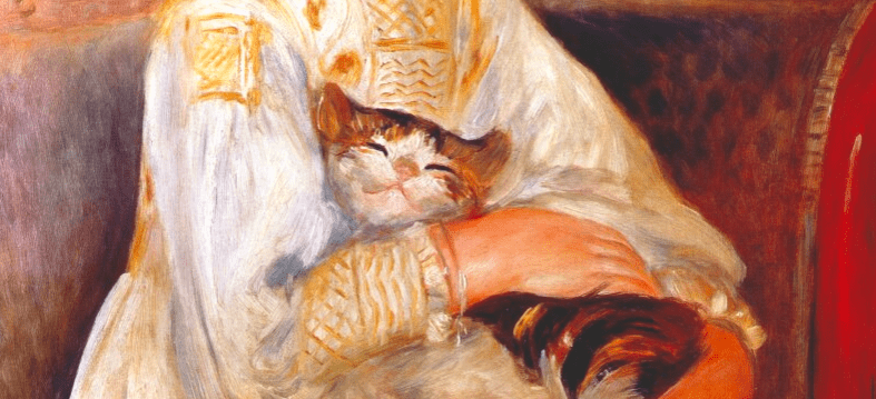 Painting of a young girl holding a cat in her arms, the cat looks extremely content