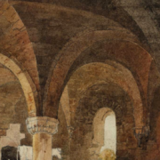 Painting of the inner stone arches of an abandoned abbey