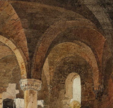 Painting of the inner stone arches of an abandoned abbey