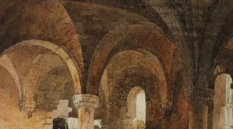 Painting of the inner stone arches of an abandoned abbey