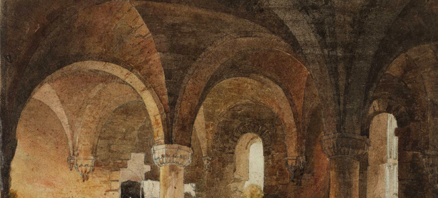 Painting of the inner stone arches of an abandoned abbey
