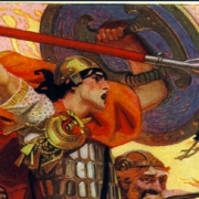 A young man brandishing a spear and crying out, he raises a shield in his left hand and a raven flies alongside him