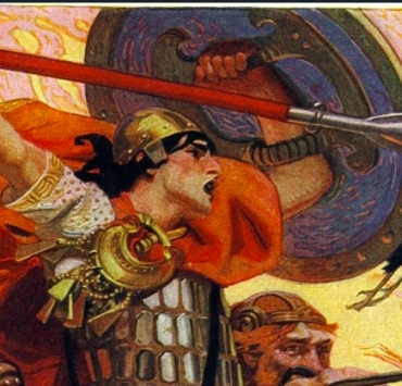 A young man brandishing a spear and crying out, he raises a shield in his left hand and a raven flies alongside him
