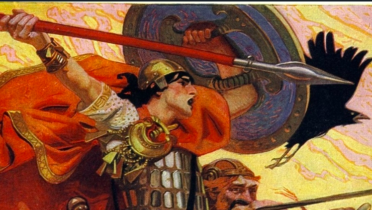 A young man brandishing a spear and crying out, he raises a shield in his left hand and a raven flies alongside him