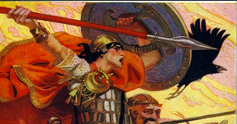 A young man brandishing a spear and crying out, he raises a shield in his left hand and a raven flies alongside him
