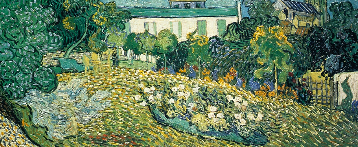 Impressionist painting of a French garden with white tulips