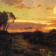 Painting of a figure walking down a path at dusk, the sun setting in the distance
