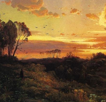 Painting of a figure walking down a path at dusk, the sun setting in the distance