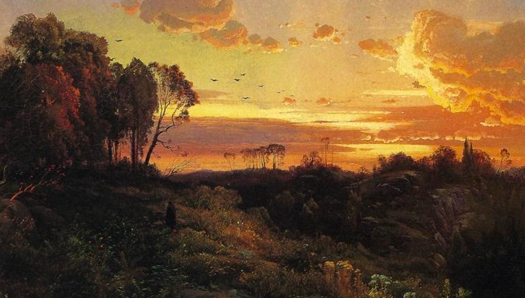 Painting of a figure walking down a path at dusk, the sun setting in the distance