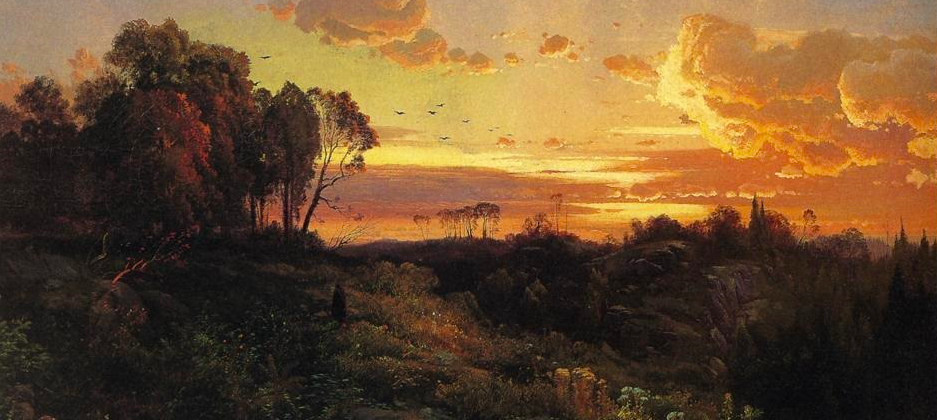 Painting of a figure walking down a path at dusk, the sun setting in the distance