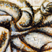 abstract painting in shades of black and brown depicting a human form in stages of motion