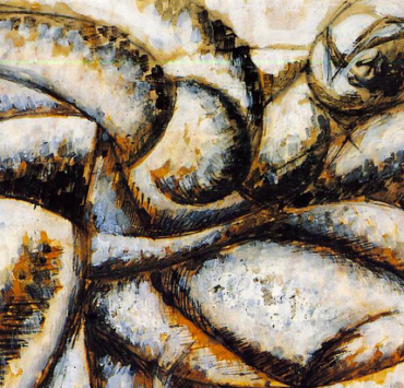 abstract painting in shades of black and brown depicting a human form in stages of motion