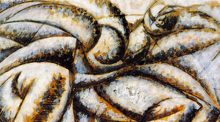 abstract painting in shades of black and brown depicting a human form in stages of motion