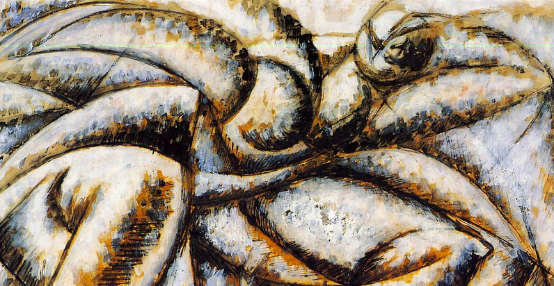 abstract painting in shades of black and brown depicting a human form in stages of motion