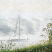 Painting of a coastline covered in fog, a sailboat can be seen off the shore