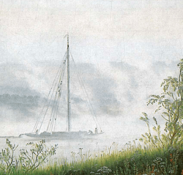 Painting of a coastline covered in fog, a sailboat can be seen off the shore