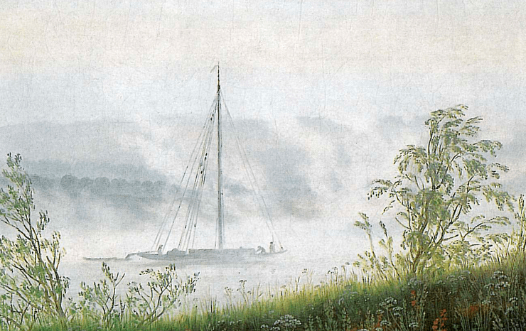 Painting of a coastline covered in fog, a sailboat can be seen off the shore