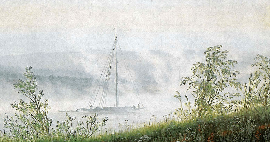 Painting of a coastline covered in fog, a sailboat can be seen off the shore