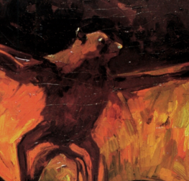 Oil painting of a bat in orange and brown tones