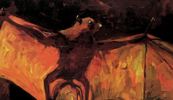 Oil painting of a bat in orange and brown tones