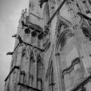 Black and white photo of a cathedral from below