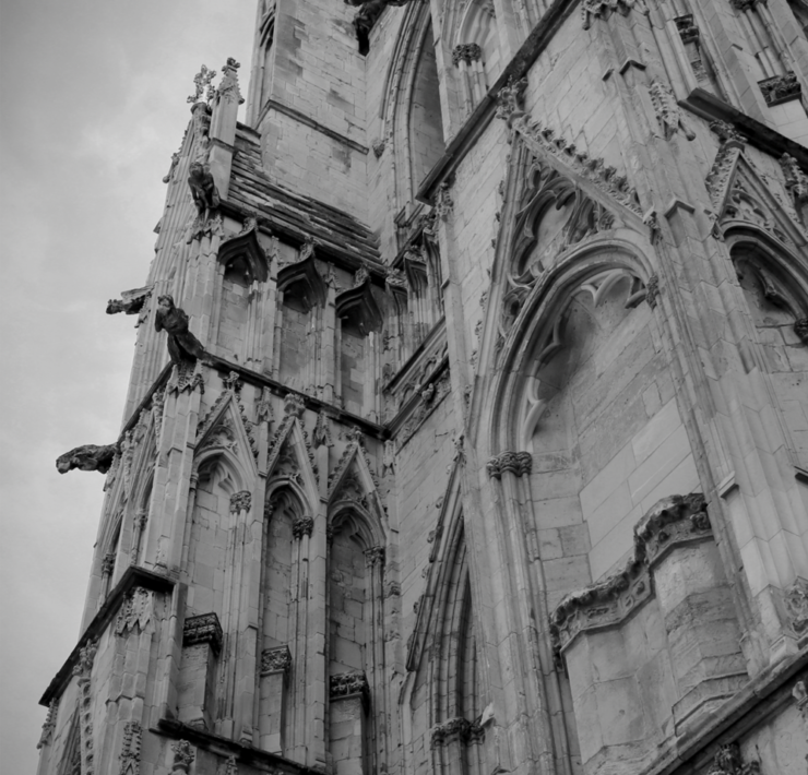 Black and white photo of a cathedral from below