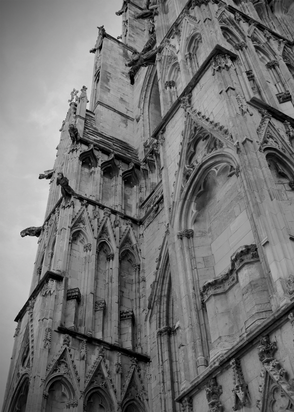 Black and white photo of a cathedral from below