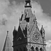 Black and white photo of a church tower
