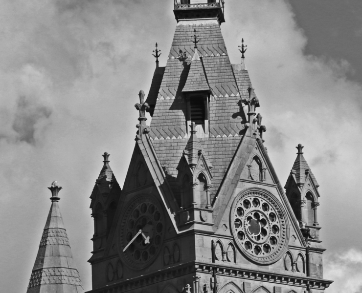 Black and white photo of a church tower