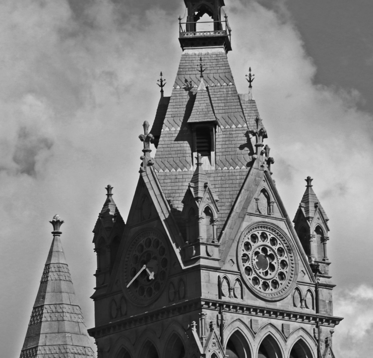 Black and white photo of a church tower