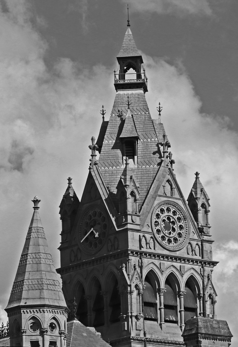Black and white photo of a church tower