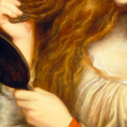 painting of a woman with long hair at her dresser looking into a hand mirror, she is surrounded by flowers