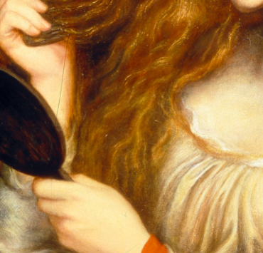 painting of a woman with long hair at her dresser looking into a hand mirror, she is surrounded by flowers