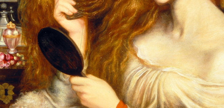 painting of a woman with long hair at her dresser looking into a hand mirror, she is surrounded by flowers