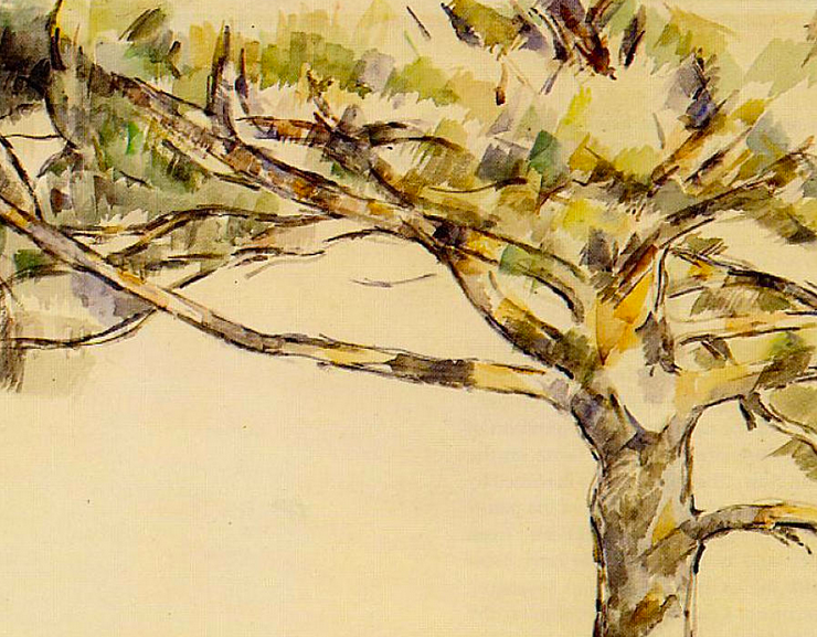 Impressionist sketch of a pine tree on an otherwise blank canvas