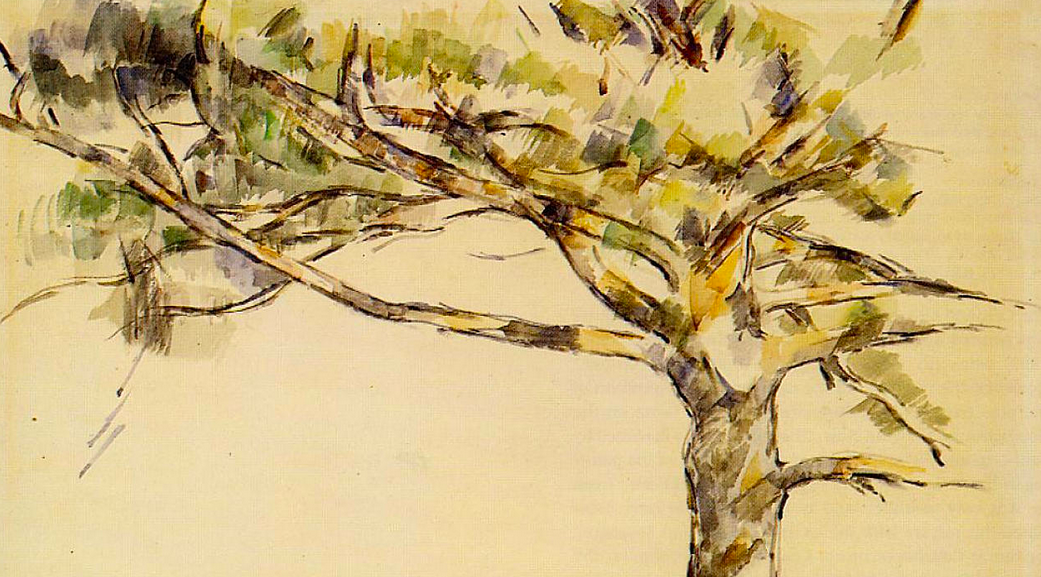 Impressionist sketch of a pine tree on an otherwise blank canvas