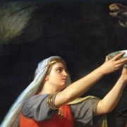 painting of a woman collecting snake venom, the norse god loki is shackled below