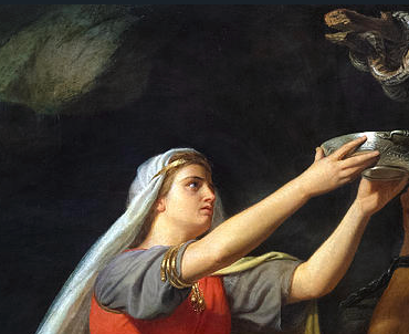 painting of a woman collecting snake venom, the norse god loki is shackled below